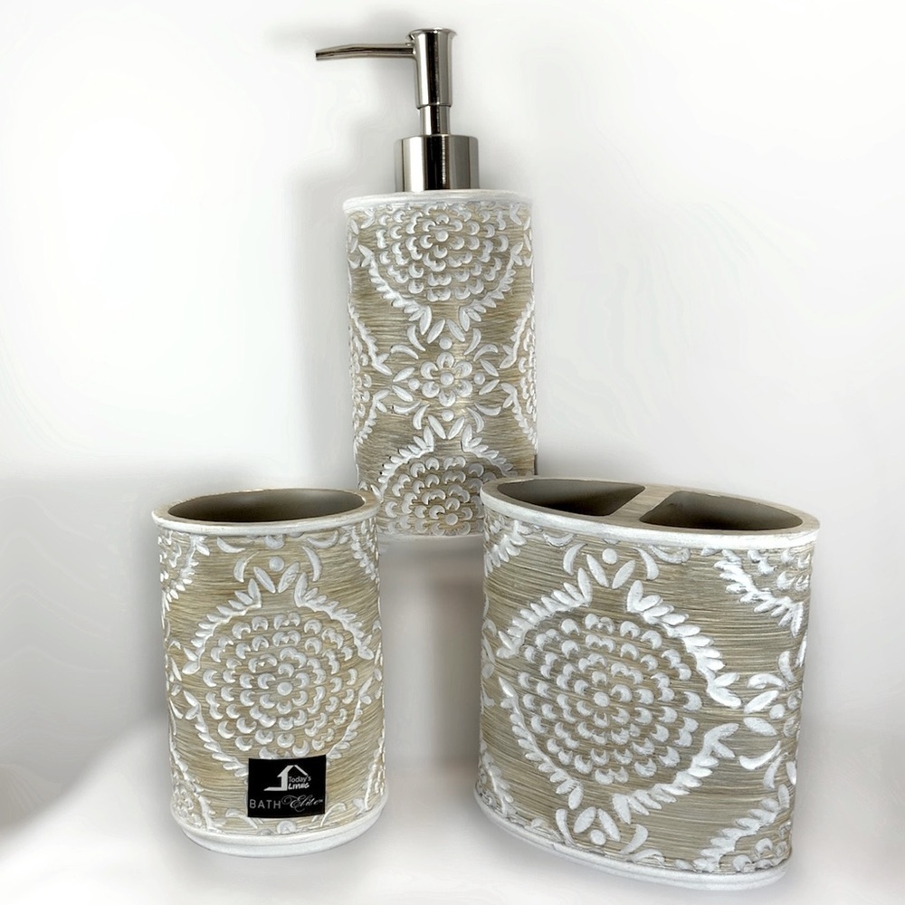 Elite Khaki 3 Piece Bathroom Vanity Accessory Set Tan/Beige White